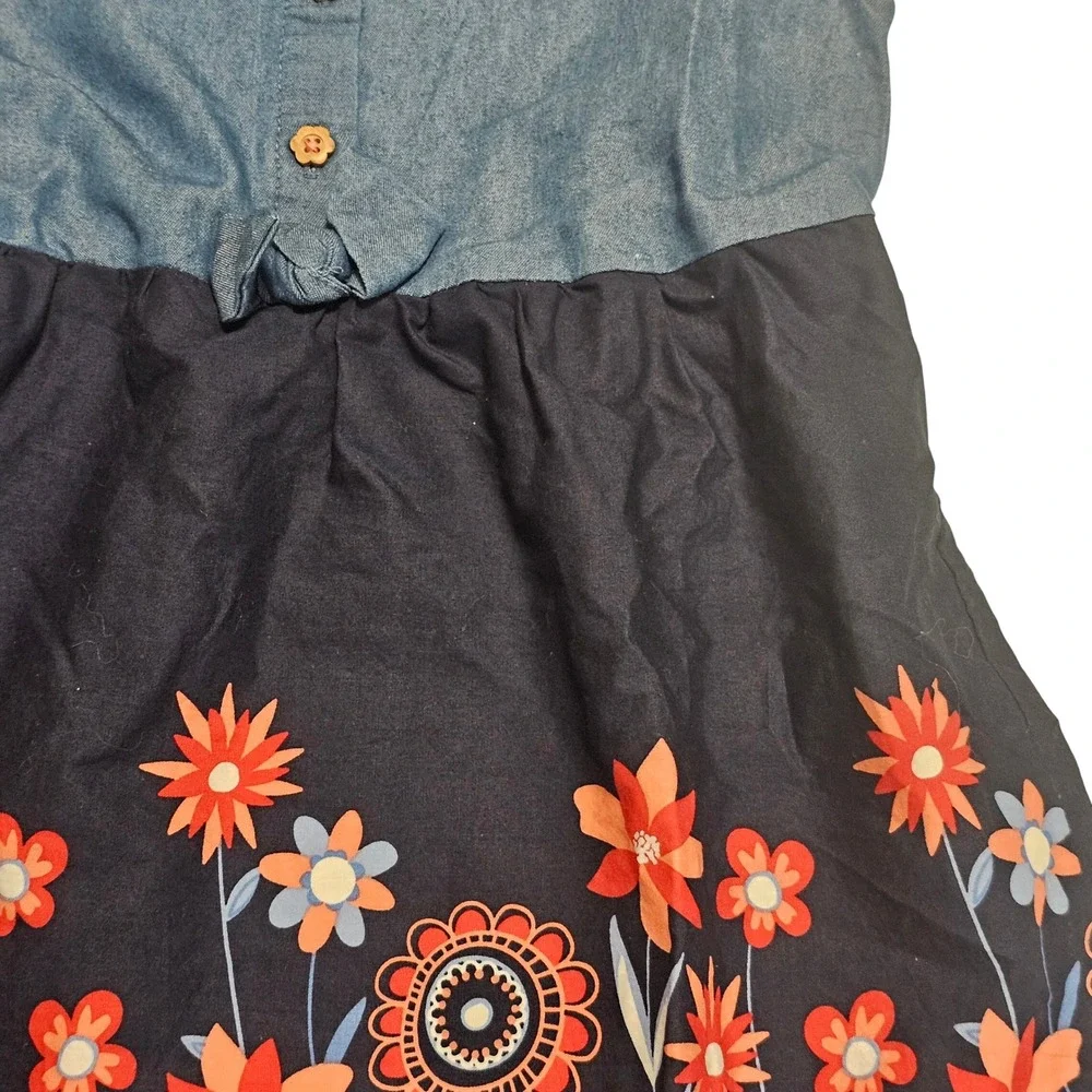 Picapino Girls 6 Chambray Denim Floral Skirt Dress Flutter Sleeve Button Front